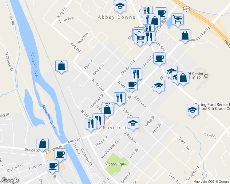 map of restaurants, bars, coffee shops, grocery stores, and more near 529 Church Street in Royersford