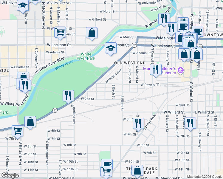 map of restaurants, bars, coffee shops, grocery stores, and more near 1104 West 1st Street in Muncie