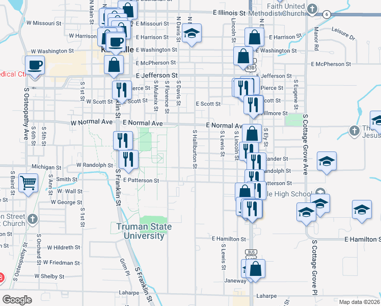 map of restaurants, bars, coffee shops, grocery stores, and more near 1000-1098 South Halliburton Street in Kirksville