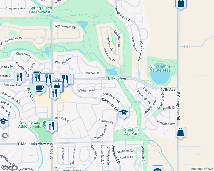 map of restaurants, bars, coffee shops, grocery stores, and more near 1408C Whitehall Drive in Longmont