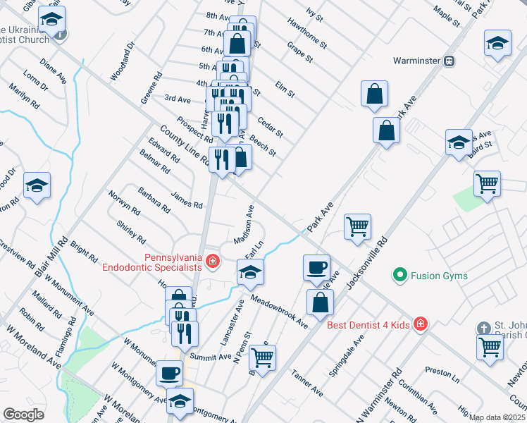 map of restaurants, bars, coffee shops, grocery stores, and more near 210 East County Line Road in Hatboro