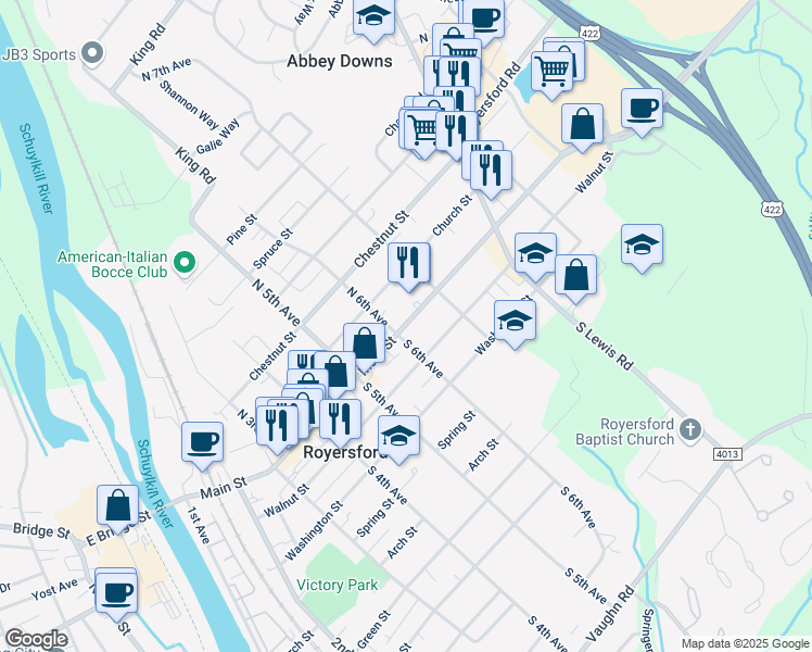 map of restaurants, bars, coffee shops, grocery stores, and more near 600 Main Street in Royersford