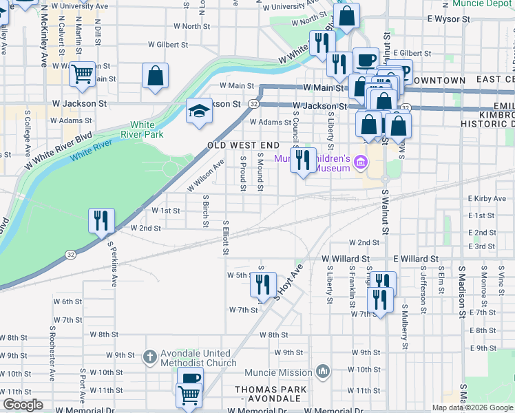 map of restaurants, bars, coffee shops, grocery stores, and more near 816 West 1st Street in Muncie