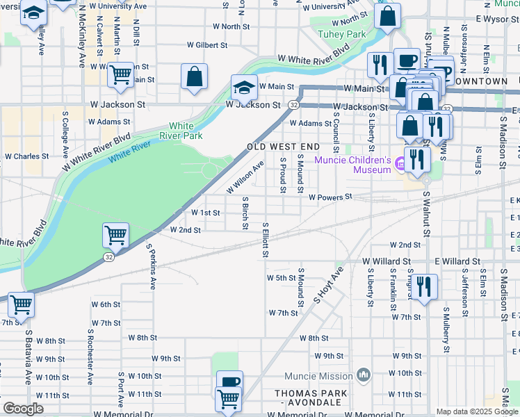 map of restaurants, bars, coffee shops, grocery stores, and more near 651 South Elliott Street in Muncie