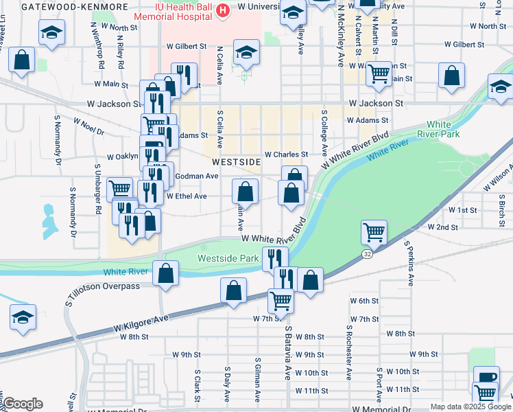 map of restaurants, bars, coffee shops, grocery stores, and more near 709 South Hutchinson Avenue in Muncie