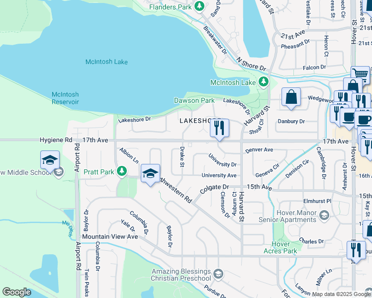 map of restaurants, bars, coffee shops, grocery stores, and more near 1560 Drake Street in Longmont