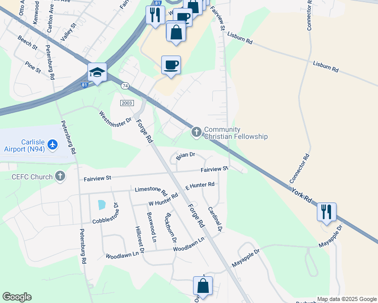 map of restaurants, bars, coffee shops, grocery stores, and more near 23 Brian Drive in Carlisle
