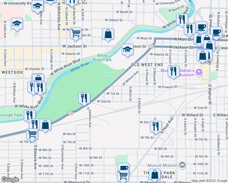 map of restaurants, bars, coffee shops, grocery stores, and more near 1208 West 1st Street in Muncie