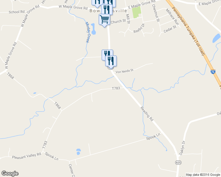 map of restaurants, bars, coffee shops, grocery stores, and more near 120 Pleasant Valley Road in East Earl