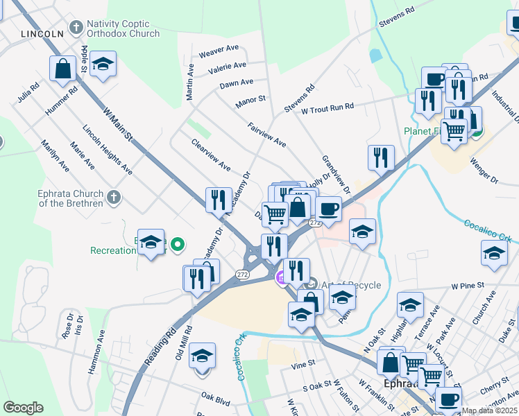 map of restaurants, bars, coffee shops, grocery stores, and more near 825 Clearview Avenue in Ephrata