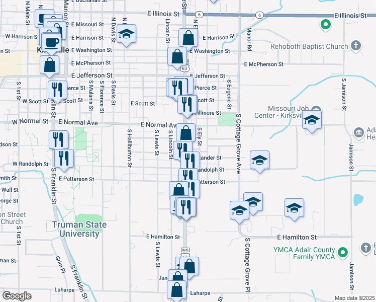 map of restaurants, bars, coffee shops, grocery stores, and more near 1100 Park Avenue in Kirksville