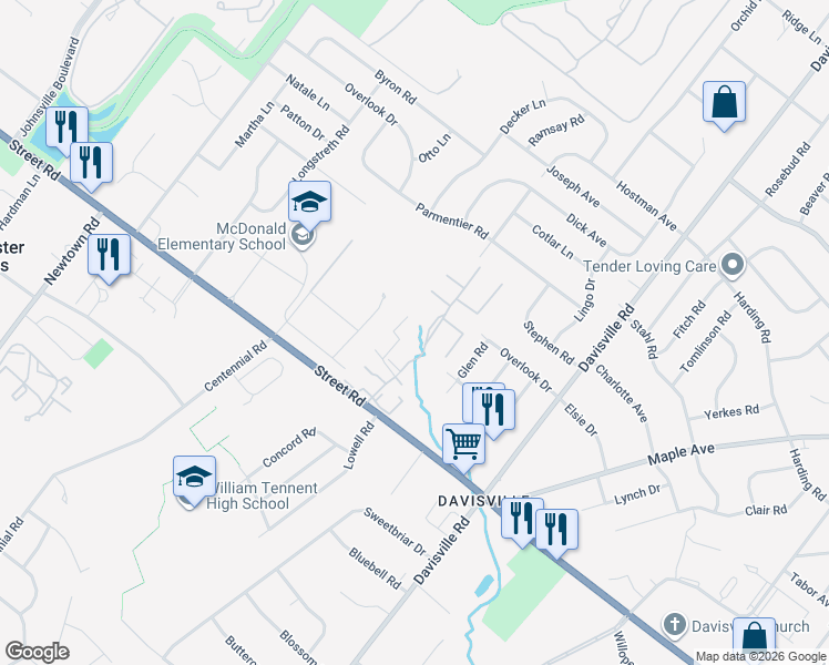 map of restaurants, bars, coffee shops, grocery stores, and more near 685 Whirlaway Drive in Warminster