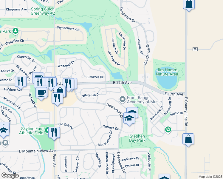 map of restaurants, bars, coffee shops, grocery stores, and more near 1408C Whitehall Drive in Longmont
