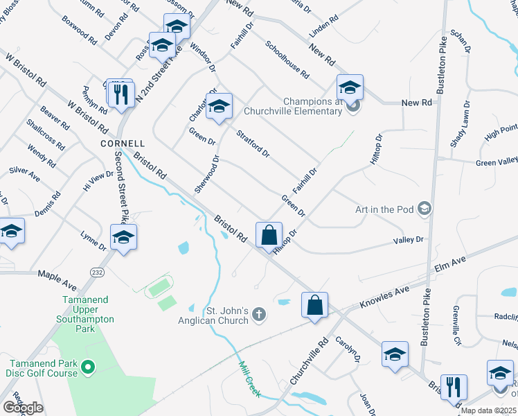 map of restaurants, bars, coffee shops, grocery stores, and more near 161 Fairhill Drive in Churchville