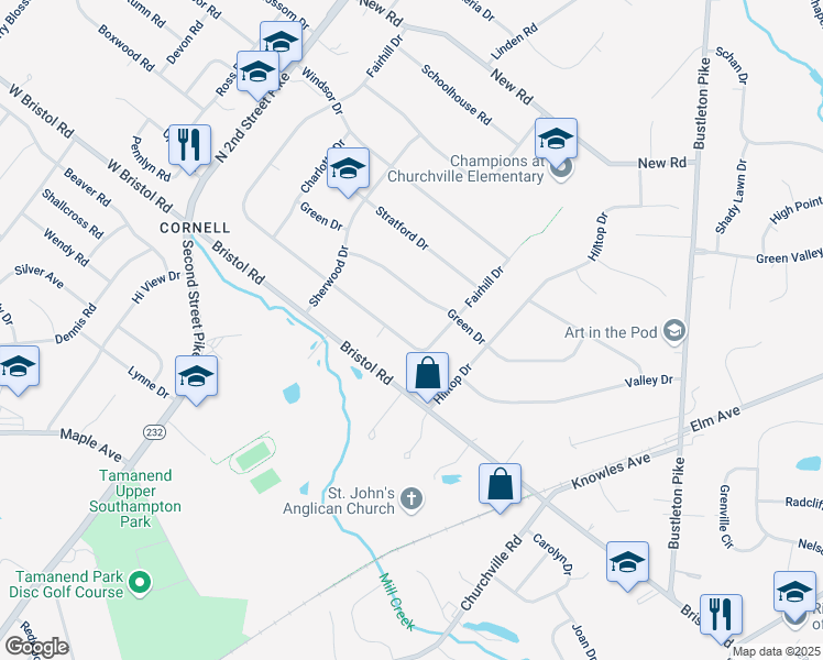 map of restaurants, bars, coffee shops, grocery stores, and more near 161 Fairhill Drive in Churchville