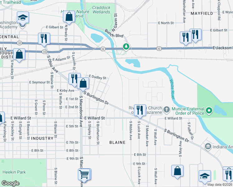 map of restaurants, bars, coffee shops, grocery stores, and more near 1004 South Burlington Drive in Muncie