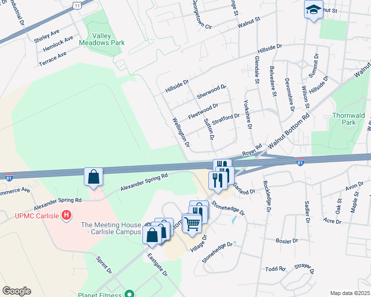 map of restaurants, bars, coffee shops, grocery stores, and more near 815 Wellington Drive in Carlisle