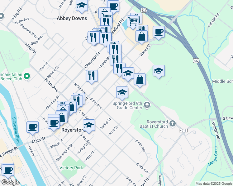 map of restaurants, bars, coffee shops, grocery stores, and more near 719 Washington Street in Royersford