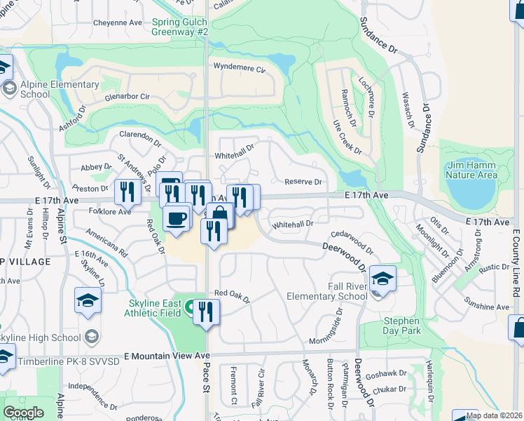 map of restaurants, bars, coffee shops, grocery stores, and more near 1607 Metropolitan Drive in Longmont