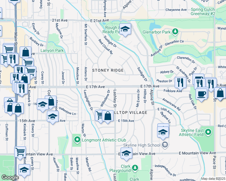 map of restaurants, bars, coffee shops, grocery stores, and more near 1627 Lashley Street in Longmont