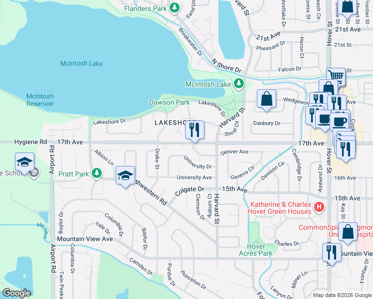 map of restaurants, bars, coffee shops, grocery stores, and more near 23 Denver Way in Longmont