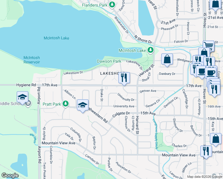 map of restaurants, bars, coffee shops, grocery stores, and more near 22 University Drive in Longmont