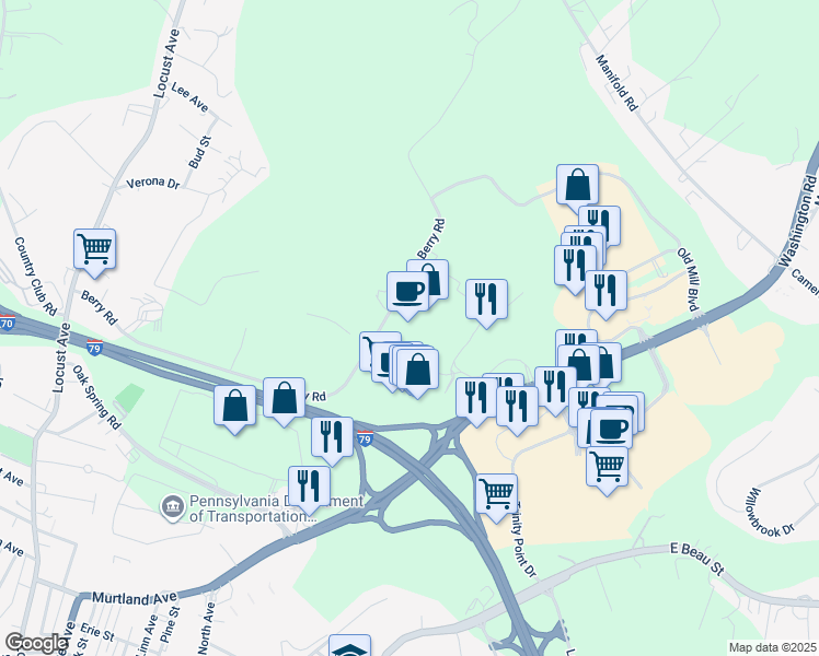 map of restaurants, bars, coffee shops, grocery stores, and more near 335 Washington Road in Washington