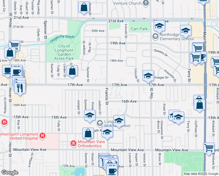 map of restaurants, bars, coffee shops, grocery stores, and more near 1642 Judson Drive in Longmont