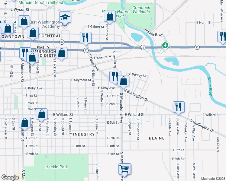 map of restaurants, bars, coffee shops, grocery stores, and more near 1534 East 1st Street in Muncie