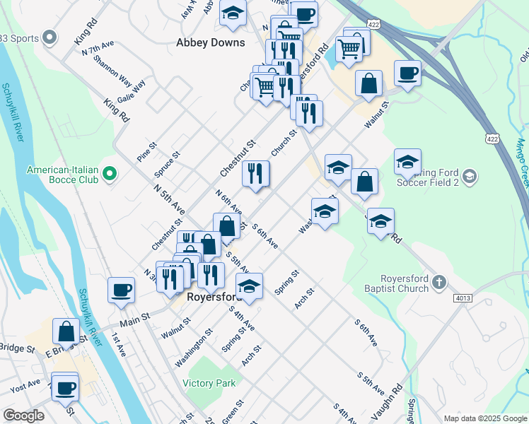 map of restaurants, bars, coffee shops, grocery stores, and more near 600 Main Street in Royersford