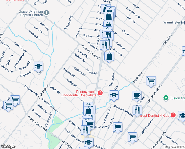 map of restaurants, bars, coffee shops, grocery stores, and more near 9 James Road in Hatboro