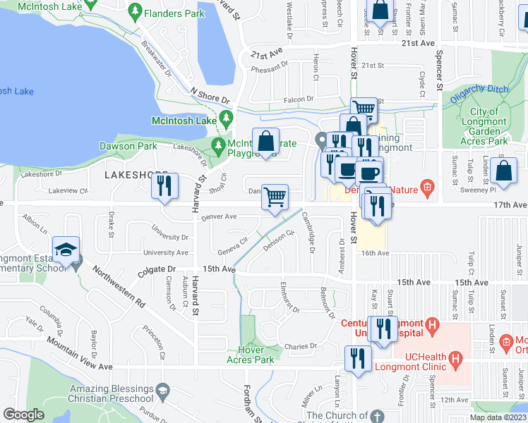 map of restaurants, bars, coffee shops, grocery stores, and more near 2638 Denver Avenue in Longmont