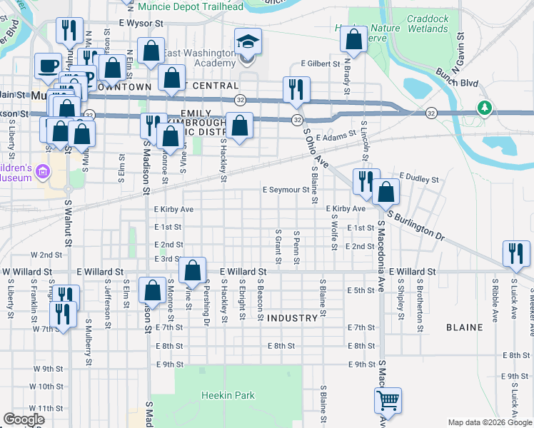 map of restaurants, bars, coffee shops, grocery stores, and more near 713 South Grant Street in Muncie