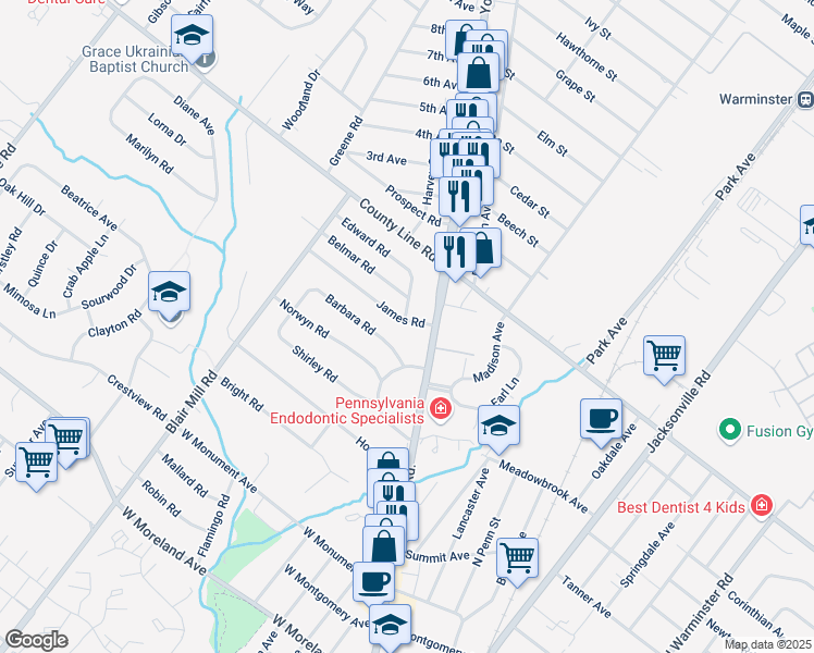 map of restaurants, bars, coffee shops, grocery stores, and more near 9 James Road in Hatboro