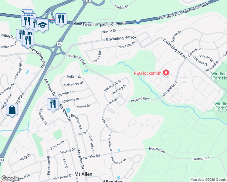 map of restaurants, bars, coffee shops, grocery stores, and more near 492 Nursery Drive South in Mechanicsburg