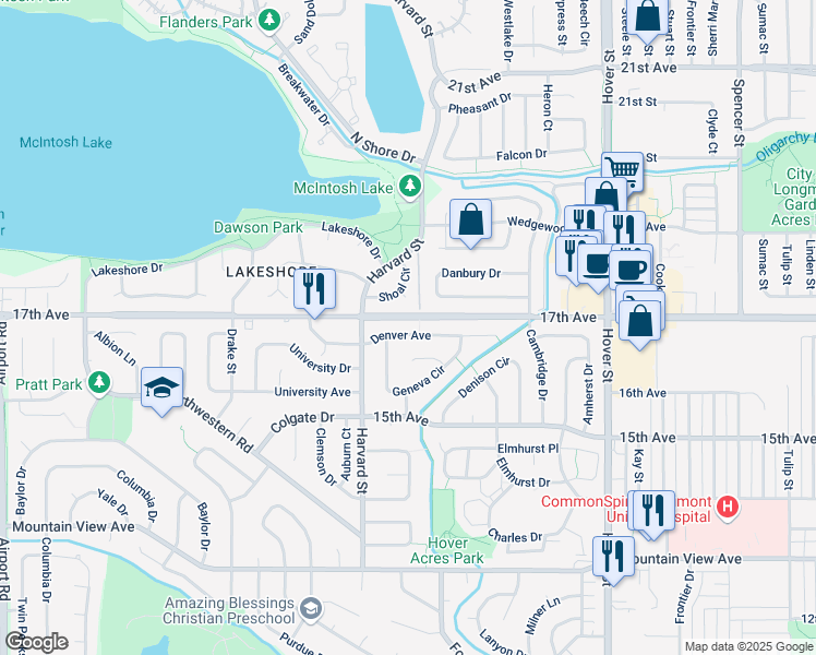 map of restaurants, bars, coffee shops, grocery stores, and more near 1696 Geneva Circle in Longmont