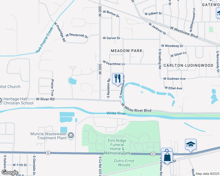 map of restaurants, bars, coffee shops, grocery stores, and more near 701-705 South Rambler Road in Muncie