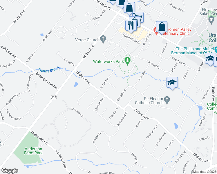 map of restaurants, bars, coffee shops, grocery stores, and more near 78 Sugar Hill Circle in Collegeville