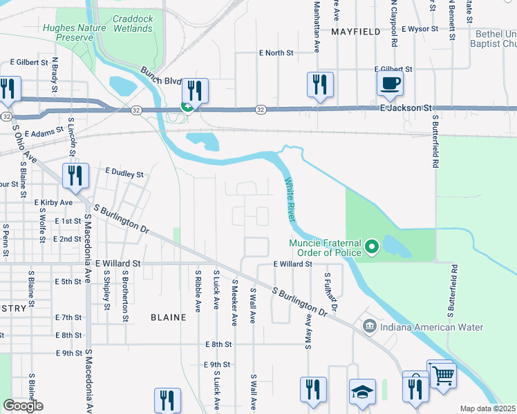 map of restaurants, bars, coffee shops, grocery stores, and more near Kirby Avenue in Muncie