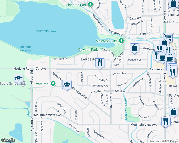 map of restaurants, bars, coffee shops, grocery stores, and more near 3035 17th Avenue in Longmont