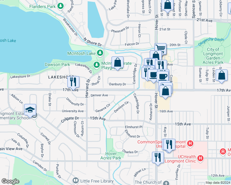map of restaurants, bars, coffee shops, grocery stores, and more near 2638 Denver Avenue in Longmont
