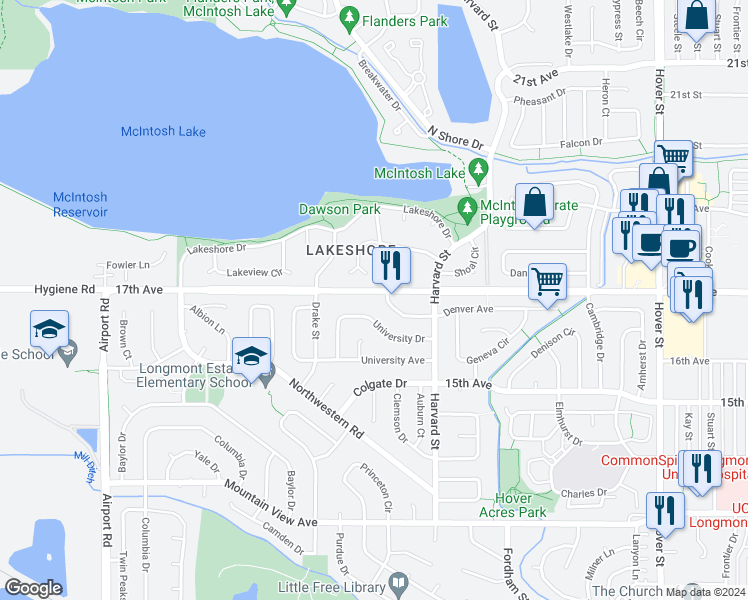 map of restaurants, bars, coffee shops, grocery stores, and more near 23 Denver Way in Longmont