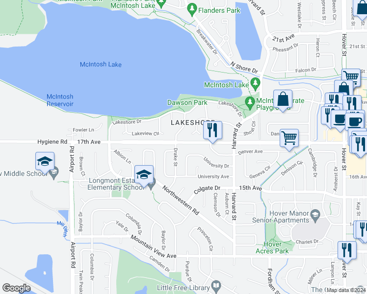 map of restaurants, bars, coffee shops, grocery stores, and more near 1560 Drake Street in Longmont