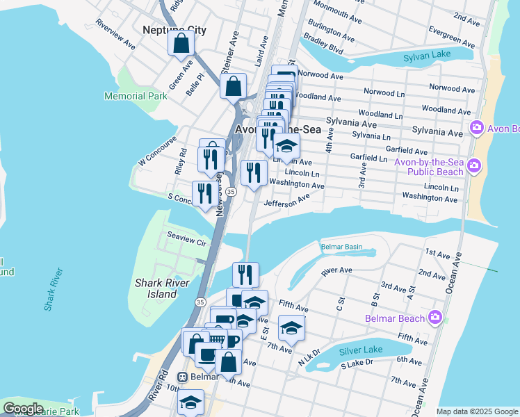 map of restaurants, bars, coffee shops, grocery stores, and more near 26 Poole Avenue in Avon-by-the-Sea