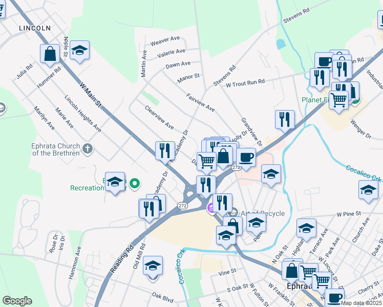 map of restaurants, bars, coffee shops, grocery stores, and more near 825 Clearview Avenue in Ephrata