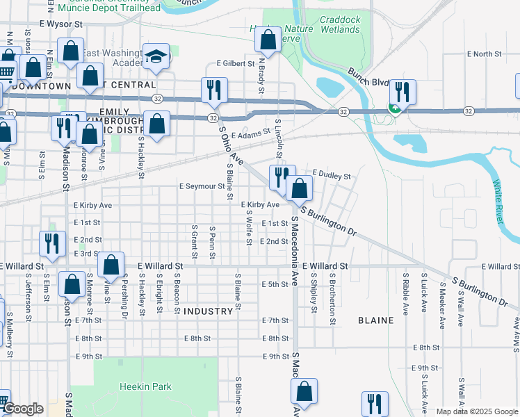 map of restaurants, bars, coffee shops, grocery stores, and more near 1534 East 1st Street in Muncie