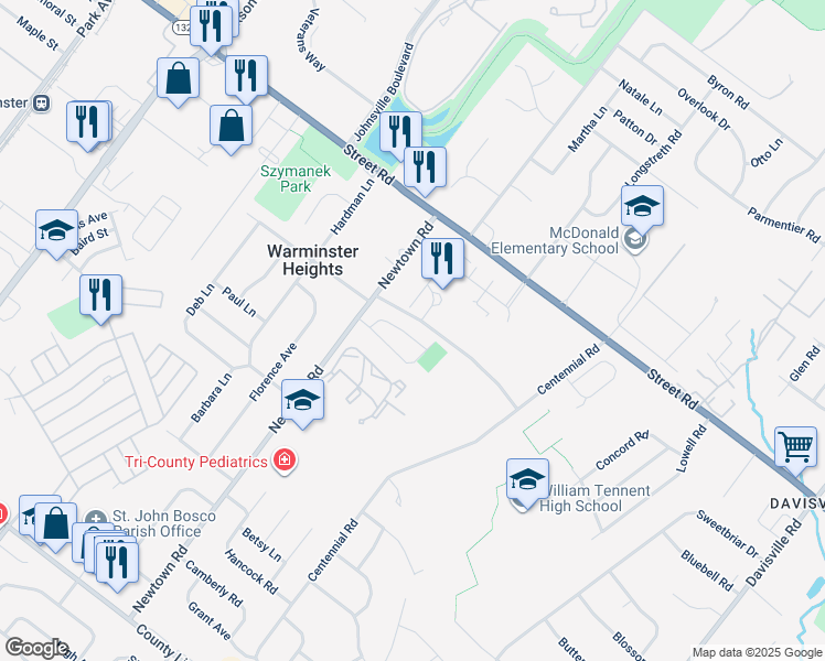 map of restaurants, bars, coffee shops, grocery stores, and more near 484 Rowan Street in Warminster