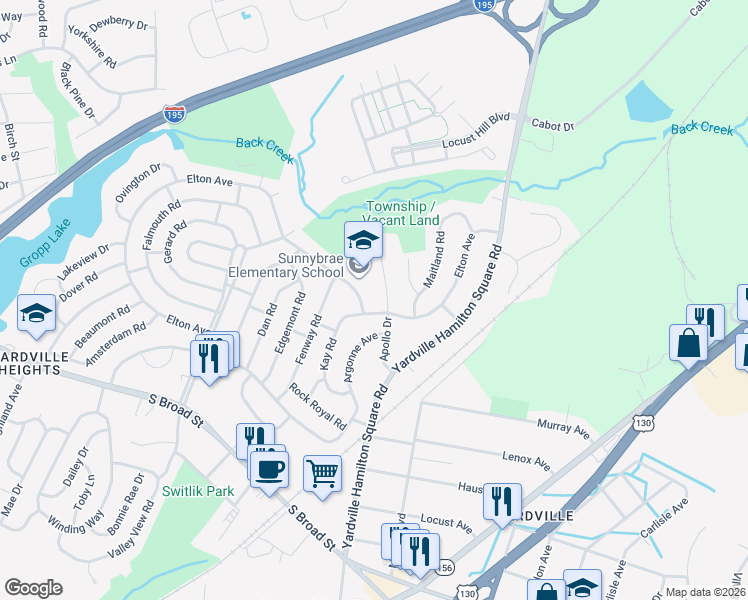 map of restaurants, bars, coffee shops, grocery stores, and more near 166 Elton Avenue in Hamilton Township
