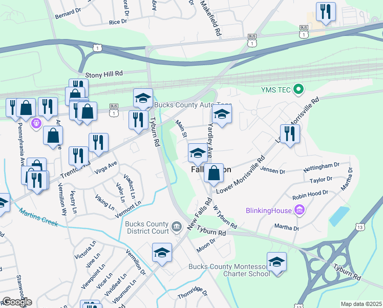 map of restaurants, bars, coffee shops, grocery stores, and more near Main Street in Levittown