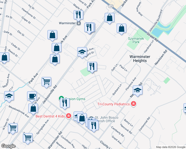 map of restaurants, bars, coffee shops, grocery stores, and more near 75 Downey Drive in Warminster